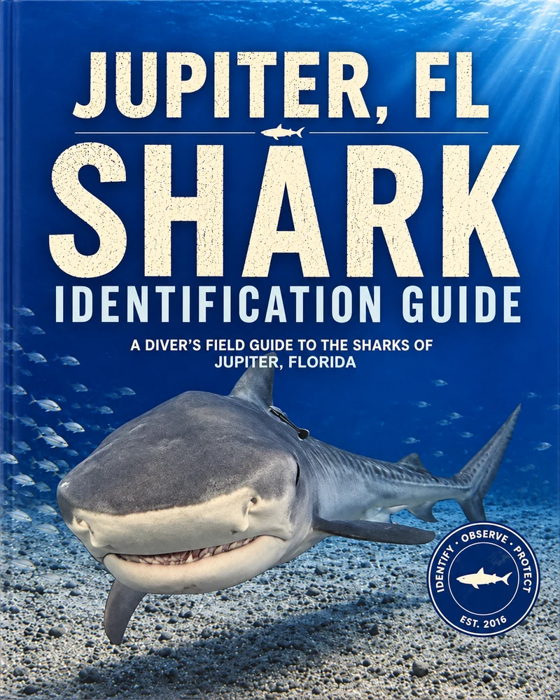 Cover of Jupiter, FL Shark Identification Guide, featuring a tiger shark
