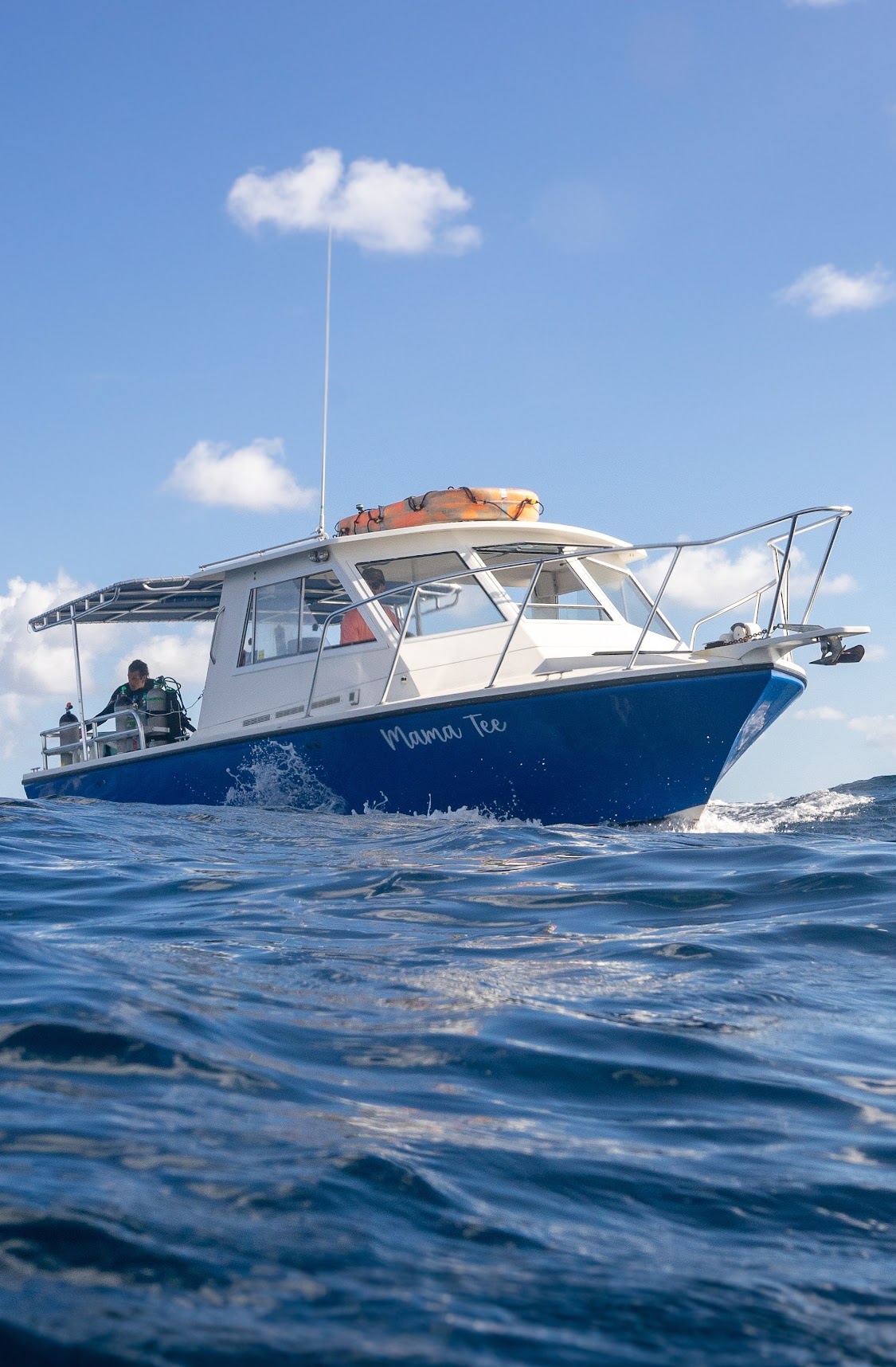 The blue-and-white Mama Tee dive boat viewed from the water under a bright Florida sky